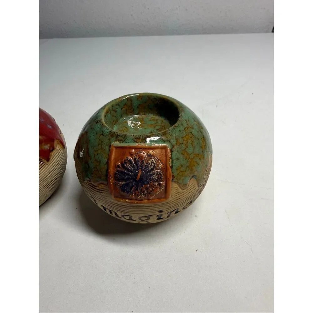 Elements 2 Stoneware Drip Glaze Candle Holders Imagine/ Believe Flower Plaques